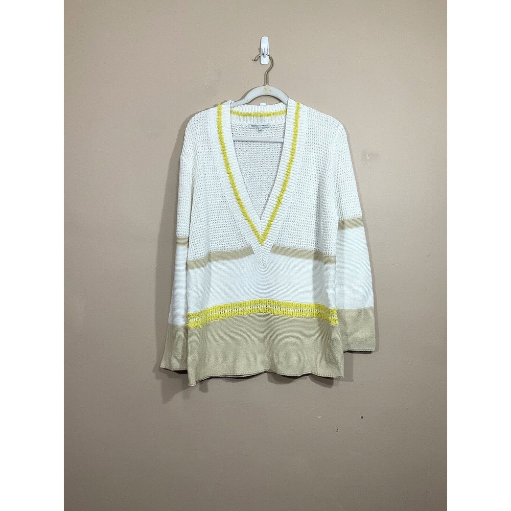 Rebecca Minkoff Womens Striped Tunic Sweater L White Preppy Coastal V-Neck